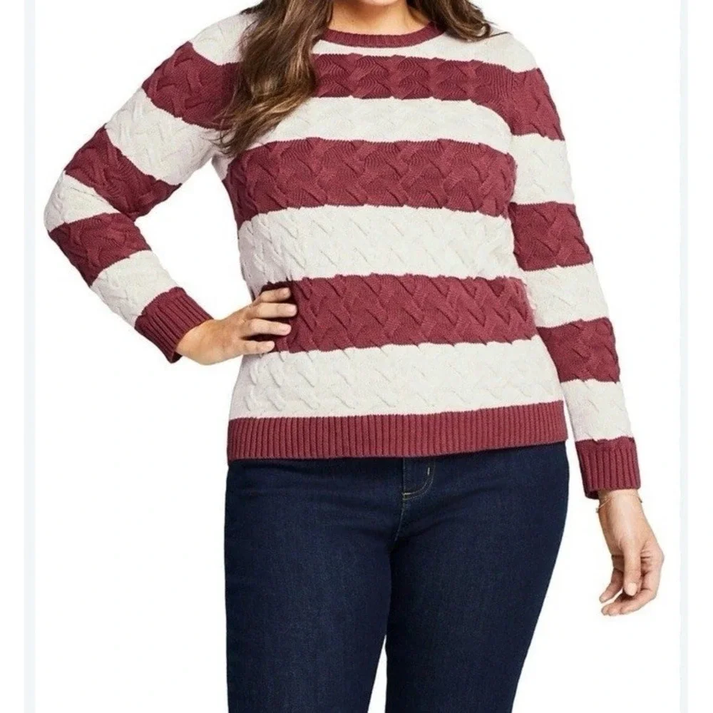 Lands End Drifter Sweater Cable Knit Women S White Striped Granola Girl Outdoors